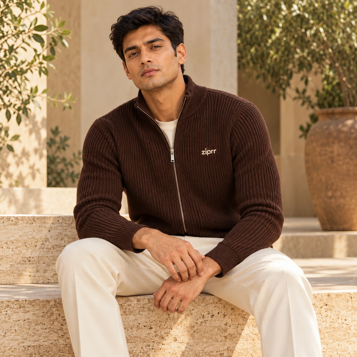 Textured Ribbed Zip Cardigan